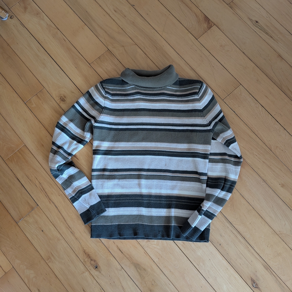 Northern Reflections  Turtleneck Sweater - Olive Green and White Stripes
